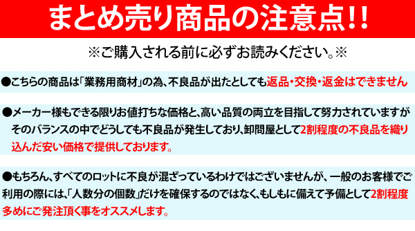 購入される前にお読み下さい。こちらの商品は、業務用商材の為、2割程度の不良品が出たとしても、返品、交換、返金はできません。